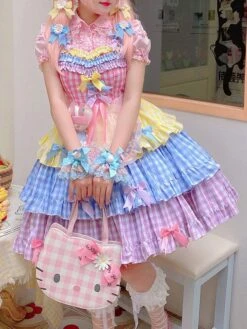 Sweet Lolita Dress Cute Rainbow Bubble Bow Plaid Three-Stage Sleeveless Lolita JSK Dress -AYA Cosplay Shop 202203231320055642900