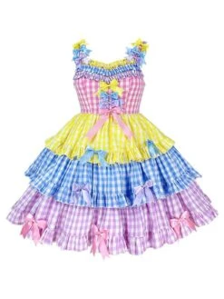 Sweet Lolita Dress Cute Rainbow Bubble Bow Plaid Three-Stage Sleeveless Lolita JSK Dress -AYA Cosplay Shop 202203231320062318577