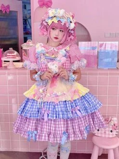 Sweet Lolita Dress Cute Rainbow Bubble Bow Plaid Three-Stage Sleeveless Lolita JSK Dress -AYA Cosplay Shop 202203231320065445642