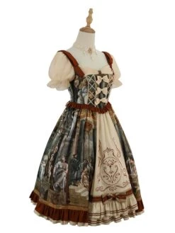 Classic Lolita Dress Bows Printing Short Sleeves Coffee Brown Lolita JSK Dress -AYA Cosplay Shop 202203231321020623855