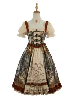 Classic Lolita Dress Bows Printing Short Sleeves Coffee Brown Lolita JSK Dress -AYA Cosplay Shop 202203231321027142710