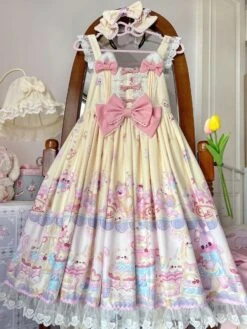 JSK Sweet Lolita Dress Tea Party High Waist Cat Print Bows Sleeveless Lolita JSK Dress -AYA Cosplay Shop 202203231321255167490