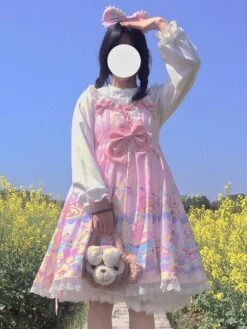JSK Sweet Lolita Dress Tea Party High Waist Cat Print Bows Sleeveless Lolita JSK Dress -AYA Cosplay Shop 202203231321259027446