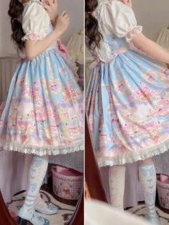 JSK Sweet Lolita Dress Tea Party High Waist Cat Print Bows Sleeveless Lolita JSK Dress -AYA Cosplay Shop 202203231321262881451