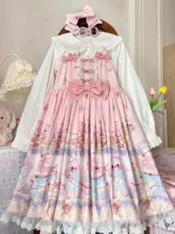 JSK Sweet Lolita Dress Tea Party High Waist Cat Print Bows Sleeveless Lolita JSK Dress -AYA Cosplay Shop 202203231321266386667