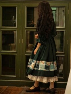 Retro Lolita OP Dress Pinkwink Small Starry Night Puff Sleeve Lapel Half Sleeve Dark Green Long Dress -AYA Cosplay Shop 2022032414561361049