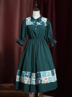Retro Lolita OP Dress Pinkwink Small Starry Night Puff Sleeve Lapel Half Sleeve Dark Green Long Dress -AYA Cosplay Shop 202203241456139332713
