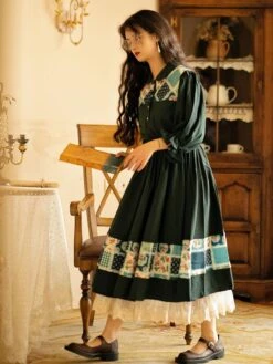 Retro Lolita OP Dress Pinkwink Small Starry Night Puff Sleeve Lapel Half Sleeve Dark Green Long Dress -AYA Cosplay Shop 202203241456142288415
