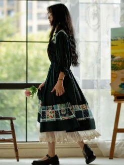 Retro Lolita OP Dress Pinkwink Small Starry Night Puff Sleeve Lapel Half Sleeve Dark Green Long Dress -AYA Cosplay Shop 202203241456145556860