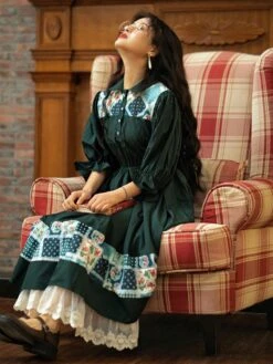 Retro Lolita OP Dress Pinkwink Small Starry Night Puff Sleeve Lapel Half Sleeve Dark Green Long Dress -AYA Cosplay Shop 202203241456148739746