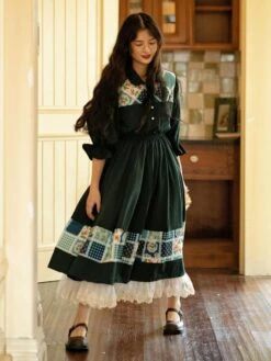 Retro Lolita OP Dress Pinkwink Small Starry Night Puff Sleeve Lapel Half Sleeve Dark Green Long Dress -AYA Cosplay Shop 20220324145615537868