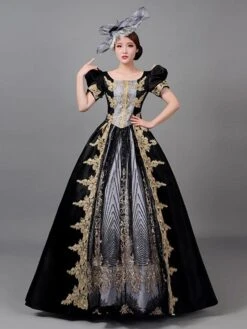 Prom Dress 2024 Rococo Short Sleeves Black Classic Victorian Dress With Headdress