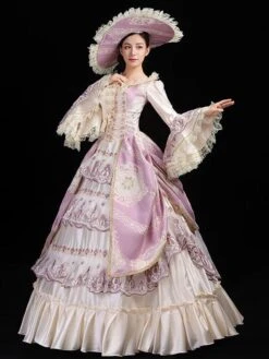 Prom Dress 2024 Rococo Long Sleeves Pink Classic Victorian Dress With Headdress