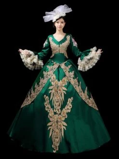 Prom Dress 2024 Rococo Long Sleeve Green Victorian Dress With Headwear