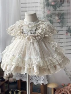 Girls Princess Dress Ruffles Polka Dot Short Sleeve Apricot Summer Kids Dress