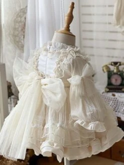 Kids Princess Dress Polka Dot Long Sleeve Apricot Wedding Flower Girl Dress -AYA Cosplay Shop 202203291519218332089