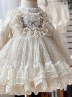 Kids Princess Dress Polka Dot Long Sleeve Apricot Wedding Flower Girl Dress -AYA Cosplay Shop 202203291519225989680