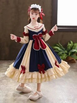 Girls Party Dress Princess Lace Long Sleeves Dark Navy Kids Dress -AYA Cosplay Shop 202203291519299154929