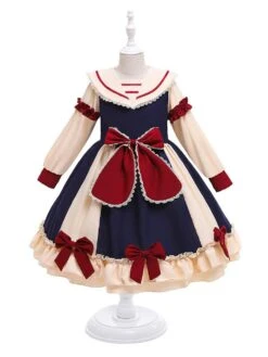 Girls Party Dress Princess Lace Long Sleeves Dark Navy Kids Dress