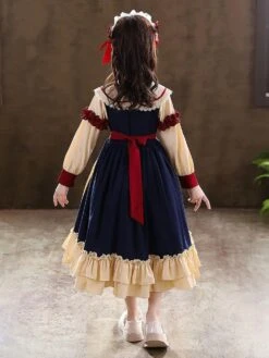 Girls Party Dress Princess Lace Long Sleeves Dark Navy Kids Dress -AYA Cosplay Shop 202203291519305505768