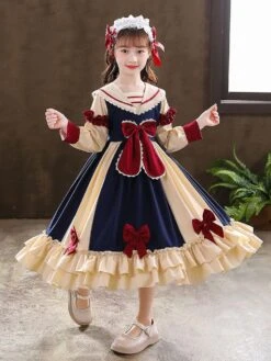 Girls Party Dress Princess Lace Long Sleeves Dark Navy Kids Dress -AYA Cosplay Shop 202203291519315775429