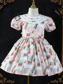 Girl Dress Horse Pattern Short Sleeves Cute Pink Kids Dress