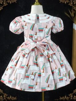 Girl Dress Horse Pattern Short Sleeves Cute Pink Kids Dress -AYA Cosplay Shop 202203291519366421377