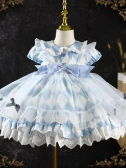 Girls Princess Dress Bows Short Sleeve Light Sky Blue Kids Dress