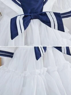 Girls Dress Navy Style Bow Short Sleeves White Kids Dress -AYA Cosplay Shop 202203291519413276495