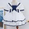 Girls Dress Navy Style Bow Short Sleeves White Kids Dress -AYA Cosplay Shop 202203291519416483725