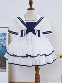 Girls Dress Navy Style Bow Short Sleeves White Kids Dress