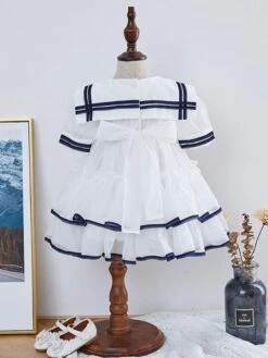 Girls Dress Navy Style Bow Short Sleeves White Kids Dress -AYA Cosplay Shop 202203291519428219682
