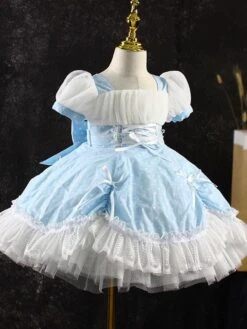 Girls Princess Dress Lace Polka Dot Short Sleeves Light Sky Blue Kids Dress