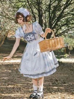 Sweet Lolita Dress Alice Plaid Short Sleeves Light Sky Blue Lolita OP Dress With Apron -AYA Cosplay Shop 202204031519081016025