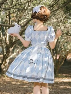 Sweet Lolita Dress Alice Plaid Short Sleeves Light Sky Blue Lolita OP Dress With Apron -AYA Cosplay Shop 202204031519090095679