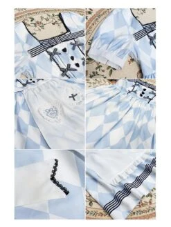 Sweet Lolita Dress Alice Plaid Short Sleeves Light Sky Blue Lolita OP Dress With Apron -AYA Cosplay Shop 202204031519093302675