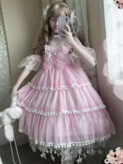 Sweet Lolita Dress Small Ice Cream Three-stage Solid Pearl Bows Sleeveless Lolita JSK Dress -AYA Cosplay Shop 202204061143335876937