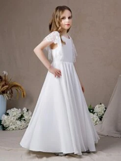 Flower Girl Dress Lace Short Sleeve Long Chiffon Kids Birthday Party Dresses -AYA Cosplay Shop 202204061539413358675