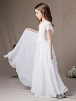 Flower Girl Dress Lace Short Sleeve Long Chiffon Kids Birthday Party Dresses -AYA Cosplay Shop 202204061539416381650