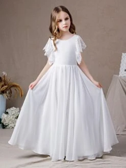 Flower Girl Dress Lace Short Sleeve Long Chiffon Kids Birthday Party Dresses -AYA Cosplay Shop 202204061539419284052