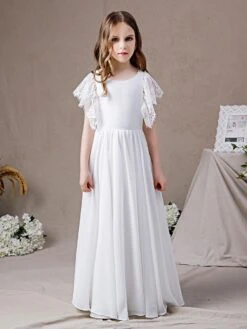 Flower Girl Dress Lace Short Sleeve Long Chiffon Kids Birthday Party Dresses -AYA Cosplay Shop 202204061539422264044