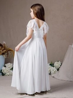 Flower Girl Dress Lace Short Sleeve Long Chiffon Kids Birthday Party Dresses -AYA Cosplay Shop 202204061539431621555