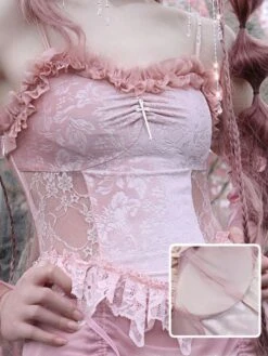 Gothic Lolita Dress Lace Sleeveless Pink Lolita JSK Dress With Oversleeves -AYA Cosplay Shop 202204061601067389314