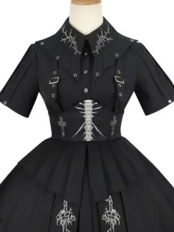 Gothic Lolita Military Uniform Army Samurai Cross Metal Details Short Sleeve Black Lolita OP Dress -AYA Cosplay Shop 202204081505187975947