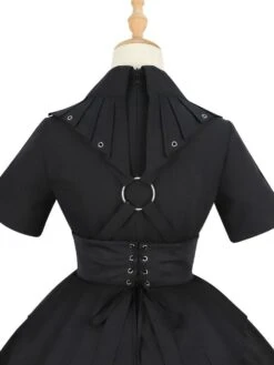 Gothic Lolita Military Uniform Army Samurai Cross Metal Details Short Sleeve Black Lolita OP Dress -AYA Cosplay Shop 202204081505200837884