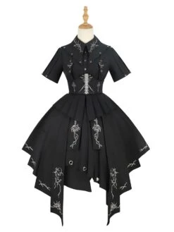 Gothic Lolita Military Uniform Army Samurai Cross Metal Details Short Sleeve Black Lolita OP Dress -AYA Cosplay Shop 202204081505204726288