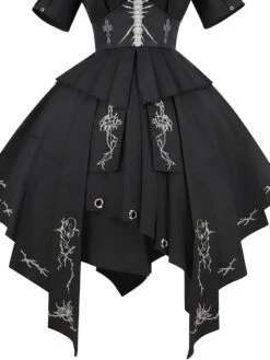 Gothic Lolita Military Uniform Army Samurai Cross Metal Details Short Sleeve Black Lolita OP Dress -AYA Cosplay Shop 202204081505207714316