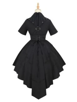 Gothic Lolita Military Uniform Army Samurai Cross Metal Details Short Sleeve Black Lolita OP Dress -AYA Cosplay Shop 202204081505210982327