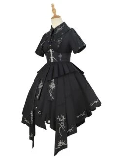 Gothic Lolita Military Uniform Army Samurai Cross Metal Details Short Sleeve Black Lolita OP Dress -AYA Cosplay Shop 202204081505214051543