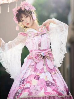 Japanese Style Lolita Dress 3-Piece Set Floral Print Sleeveless Bowknot Kimono Lolita Outfits -AYA Cosplay Shop 202204141346205096277